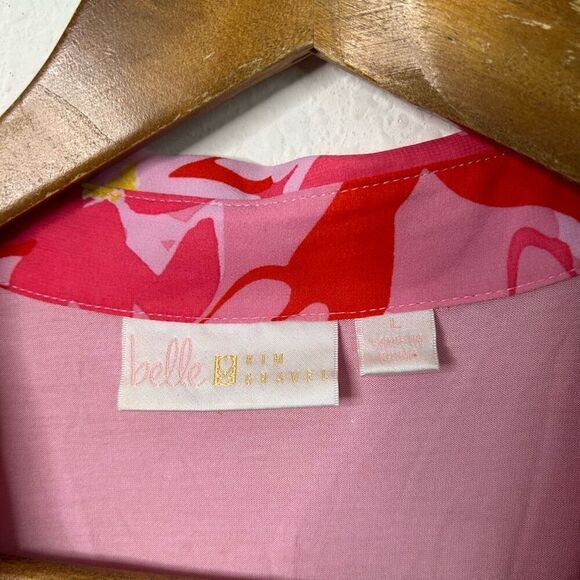 Belle By Kim Gravel Red Pink Abstract Floral Printed V-Neck Blouse Women's Large - Picture 6 of 14